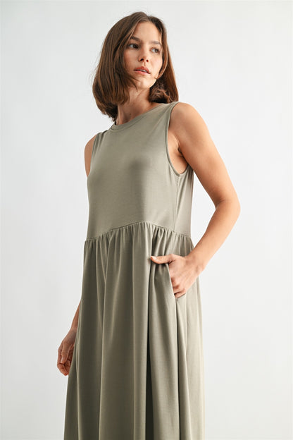 Olive knit tank midi dress. T-shirt neck with pockets. 