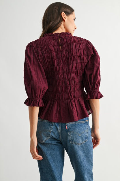 The Romy Smocked Top in Burgundy