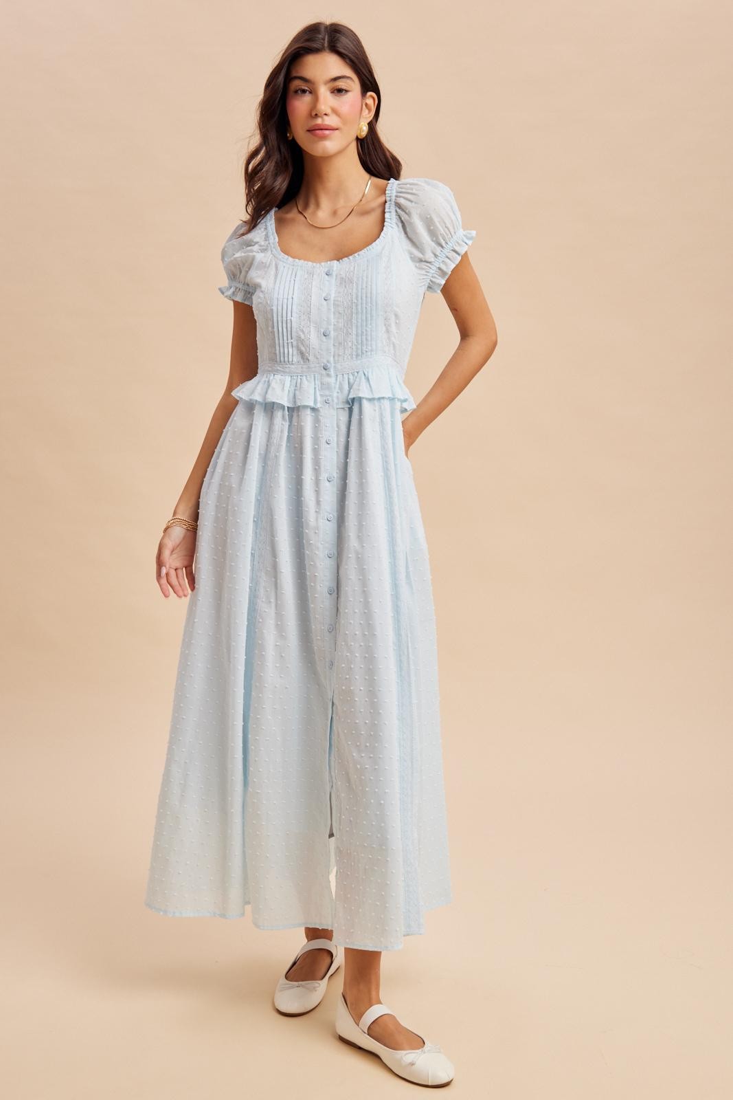 The Delia Swiss Dot Maxi Dress in Airy Blue