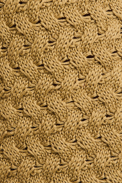 A women's sleeveless olive green button-front vest knit top featuring an intricate textured basketweave pattern, a modest V-neckline, and ribbed trim along the split hem.