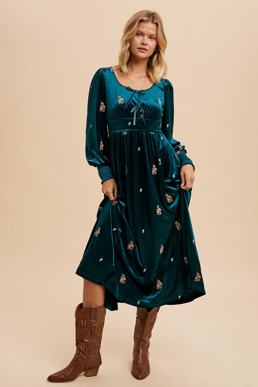 The Mickie Embroidered Dress in Emerald Velvet