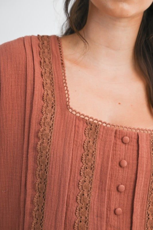 The Benny Lace Trim Button-Up Blouse in Terracotta
