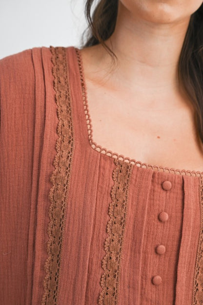 The Benny Lace Trim Button-Up Blouse in Terracotta