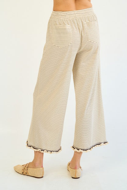 The Tamsin Ruffle Edge Striped Pant in Cream + Brown