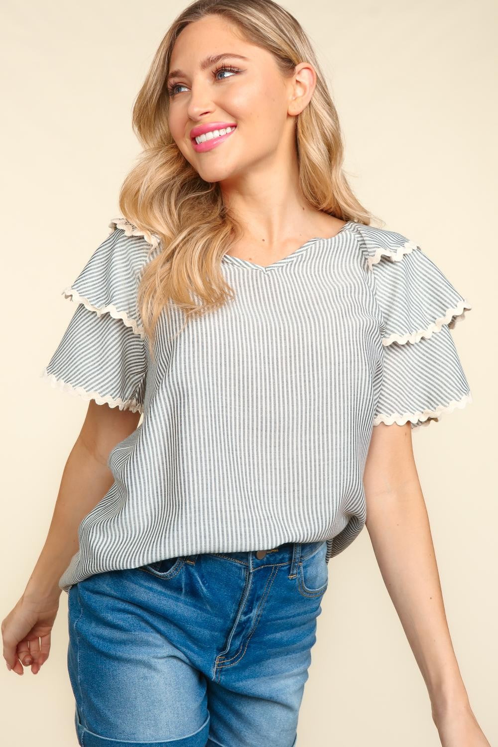 The Bettina Gray Striped Flutter Sleeve Blouse
