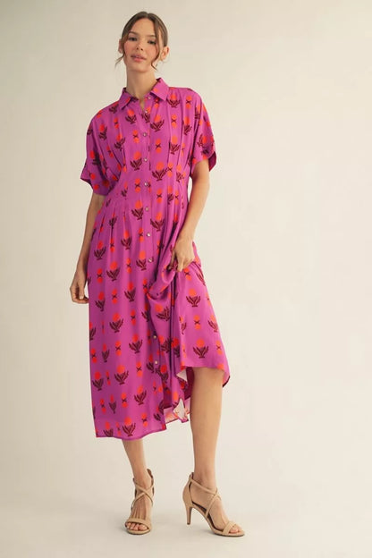 The Amara Patterned Button-Up Dress in Magenta