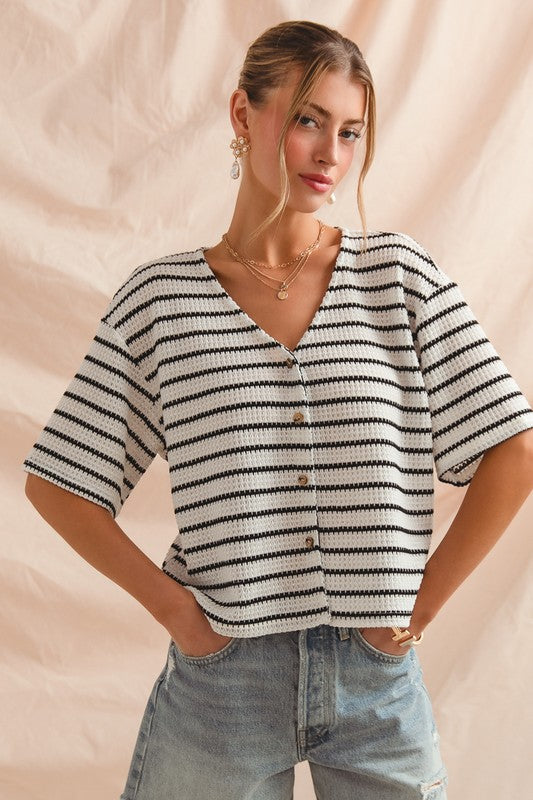 The Billie Waffle Knit Top in Black Stripe