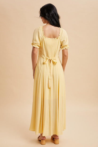 The Sol Button Down Maxi Dress in Lemon Water