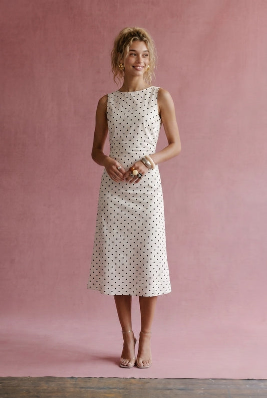 A women's sleeveless cream midi dress featuring a classic black polka dot pattern, a modest boat neckline, and an A-line silhouette.