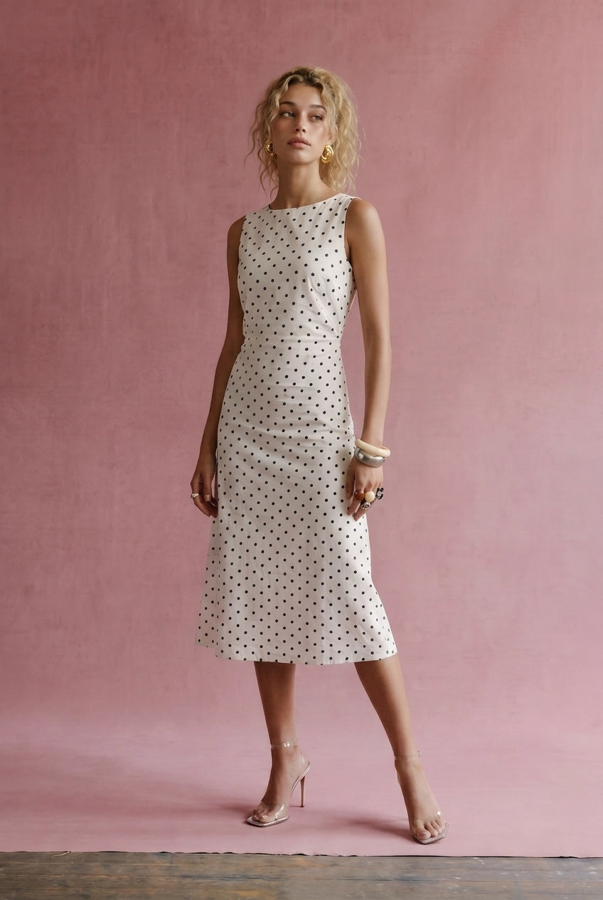 A women's sleeveless cream midi dress featuring a classic black polka dot pattern, a modest boat neckline, and an A-line silhouette.