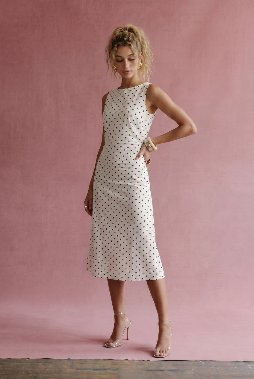 A women's sleeveless cream midi dress featuring a classic black polka dot pattern, a modest boat neckline, and an A-line silhouette.