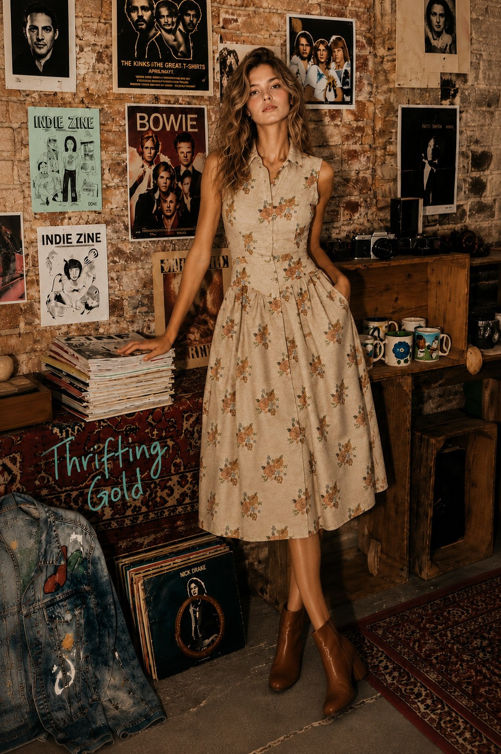 A women's sleeveless cream midi dress featuring a warm floral print, a collared neckline, front button closures, a gathered waistline, and functional side pockets.