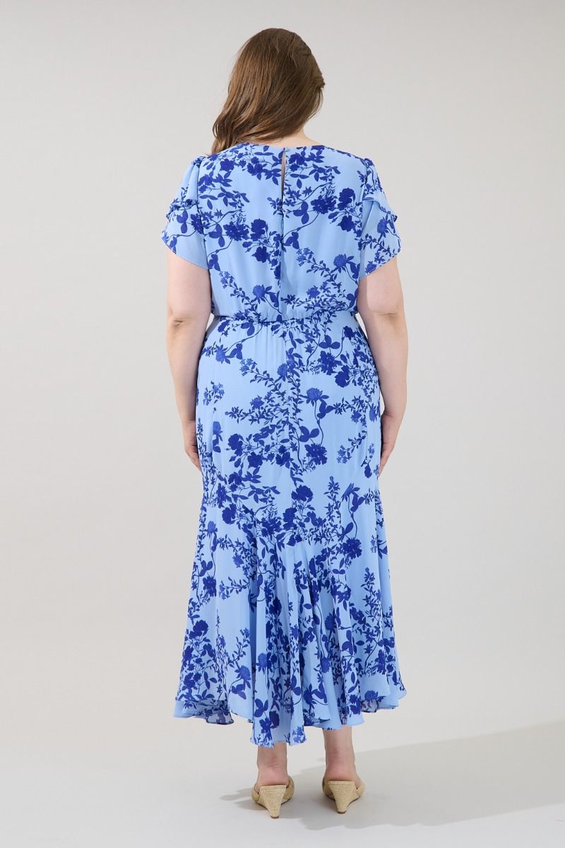 A women's light blue and navy floral print midi dress featuring short flutter sleeves, a crew neckline, fitted waist, and a slight ruffle trumpet hemline.
