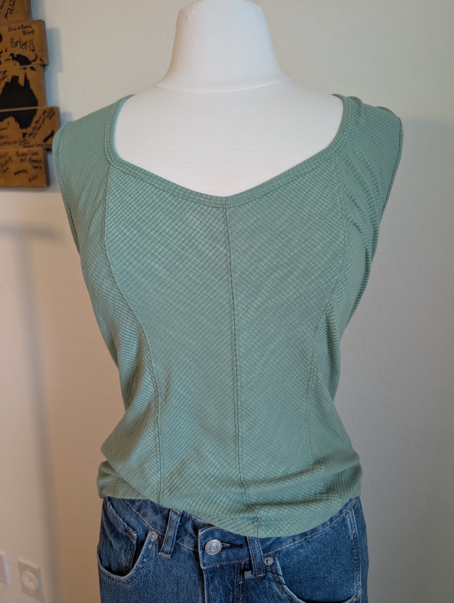 Ribbed tank with sweetheart neckline in green. 