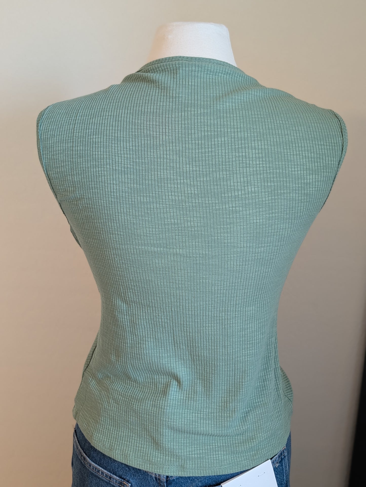Ribbed tank with sweetheart neckline in green. 
