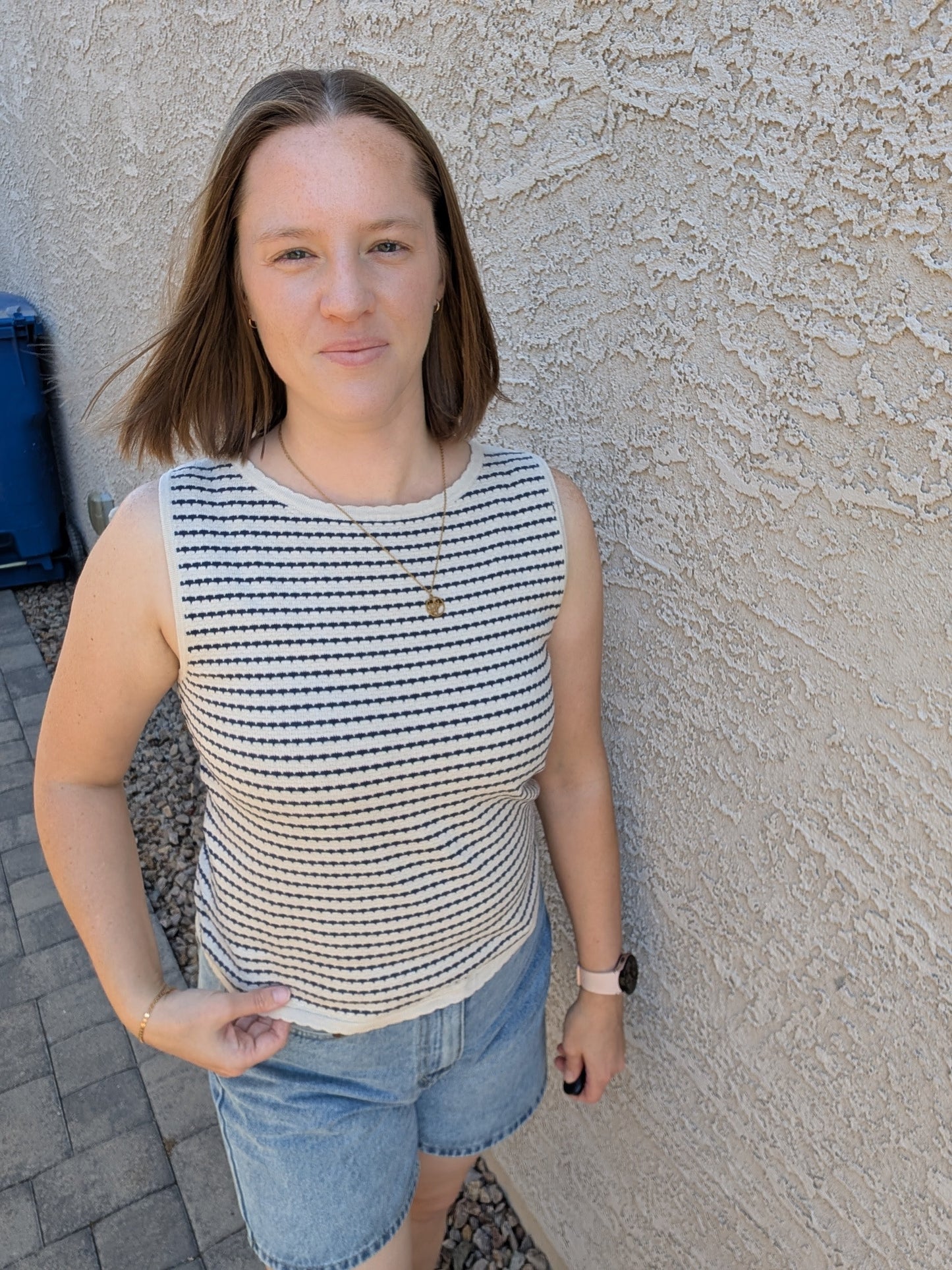 A sleeveless horizontal stripe knit sweater tank featuring a high boatneck, delicate ribbed trim at the hem and armholes, and a neutral oatmeal and navy color palette.