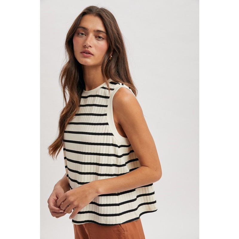 A sleeveless horizontal striped tank top in black and cream featuring a textured ribbed knit fabric, a classic crew neckline, and a relaxed, slightly flared silhouette.