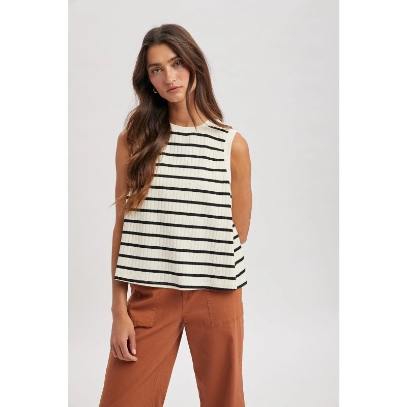 A sleeveless horizontal striped tank top in black and cream featuring a textured ribbed knit fabric, a classic crew neckline, and a relaxed, slightly flared silhouette.