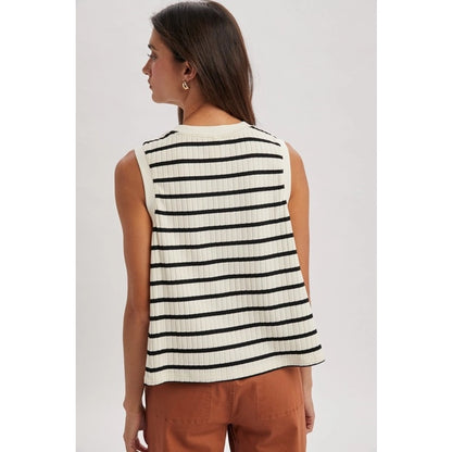 A sleeveless horizontal striped tank top in black and cream featuring a textured ribbed knit fabric, a classic crew neckline, and a relaxed, slightly flared silhouette.