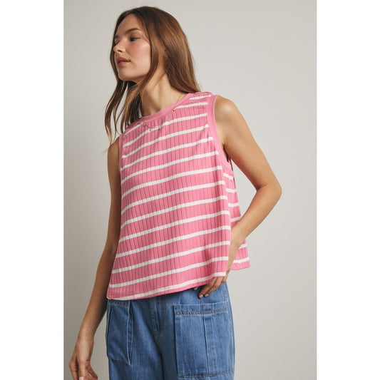 The Rhodes Striped Ribbed Tank in Punch + White
