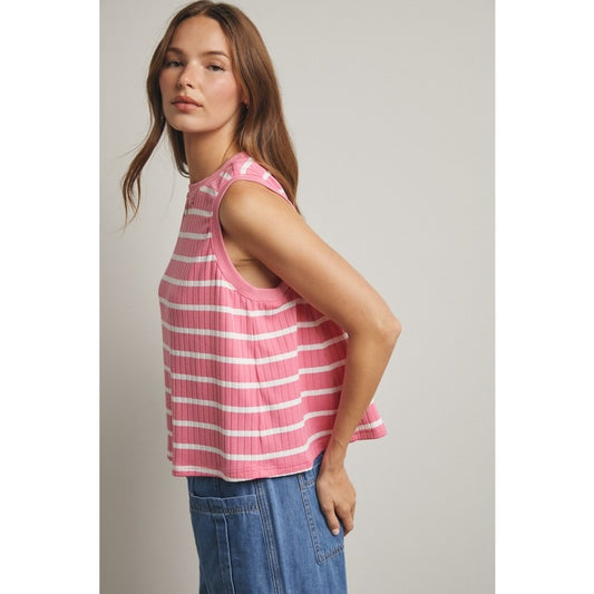The Rhodes Striped Ribbed Tank in Punch + White