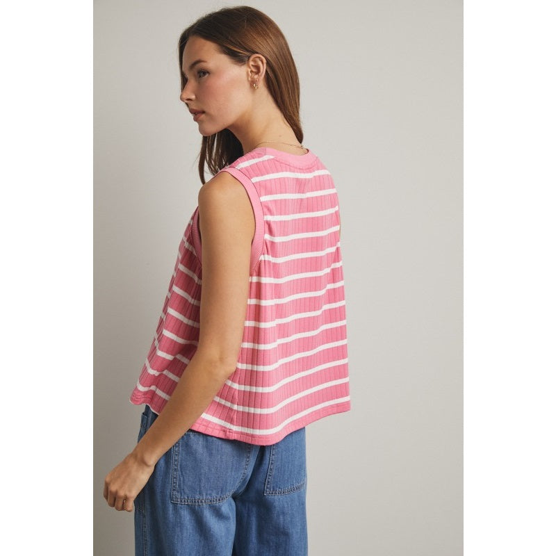 The Rhodes Striped Ribbed Tank in Punch + White