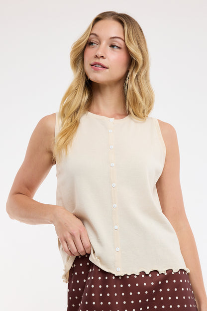 The Barlow Lettuce Hem Button-Up Tank in Ecru