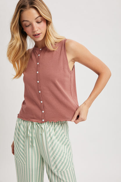 A sleeveless button-up tank top featuring a delicate lettuce-edge hem in Red, a classic crew neckline, and a lightweight knit fabric with small functional buttons.