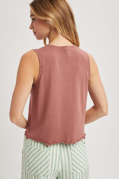 A sleeveless button-up tank top featuring a delicate lettuce-edge hem in Red, a classic crew neckline, and a lightweight knit fabric with small functional buttons.