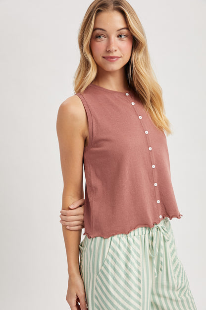A sleeveless button-up tank top featuring a delicate lettuce-edge hem in Red, a classic crew neckline, and a lightweight knit fabric with small functional buttons.