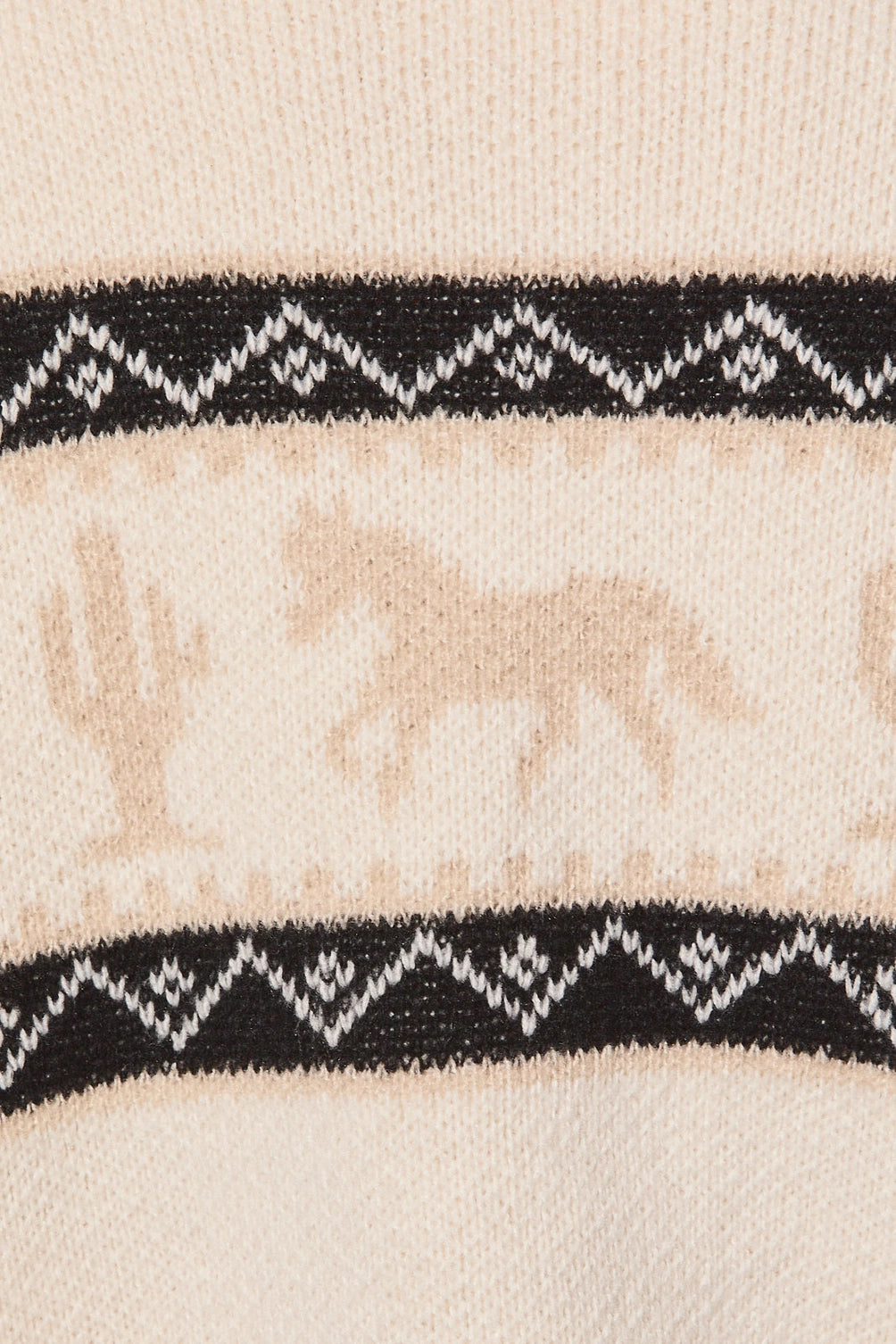 A women's cream knit zip-up collared sweater jacket featuring a southwestern geometric pattern, tan galloping horse motif, high collar, and front slip pockets.