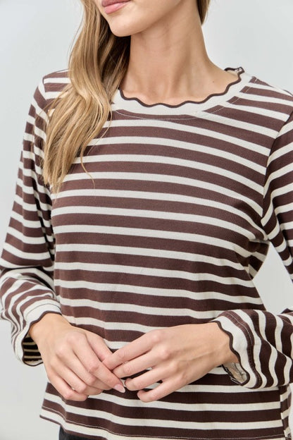 The Rhea Long Sleeve Top in Brown Stripe