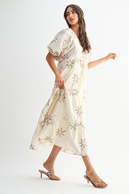 The Katarine Floral Embroidered Dress in Cream + Mocha