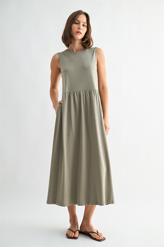 Olive knit tank midi dress. T-shirt neck with pockets. 