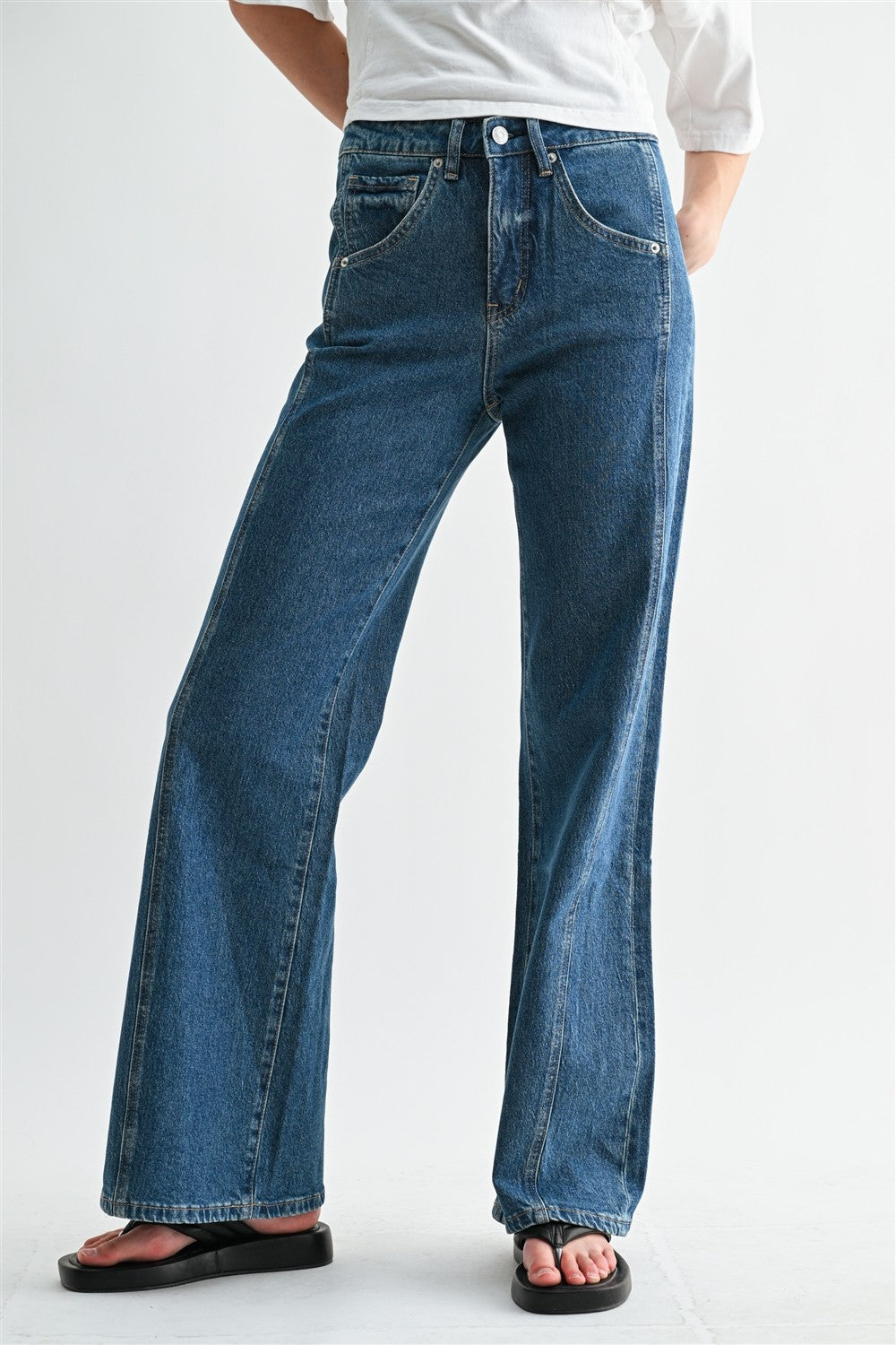 Stretch denim with Side Panel Wide Leg Jean in Chathams Sea. 
Button and zipper closure
Front and back pockets 