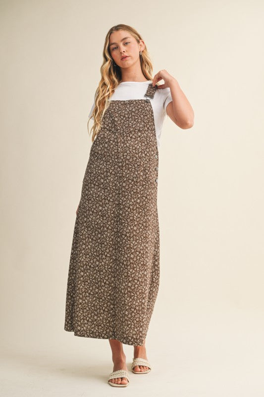 The Mara Floral Overall Dress in Brown