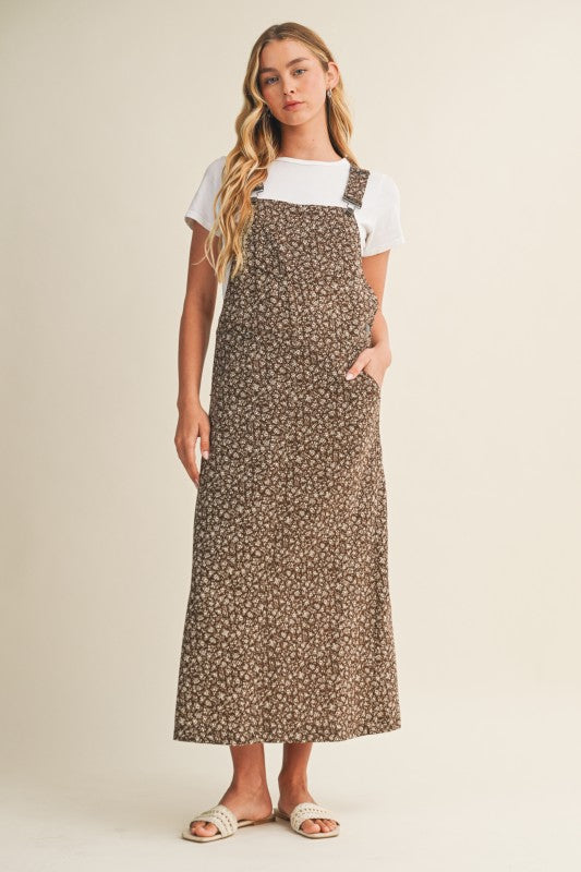 The Mara Floral Overall Dress in Brown
