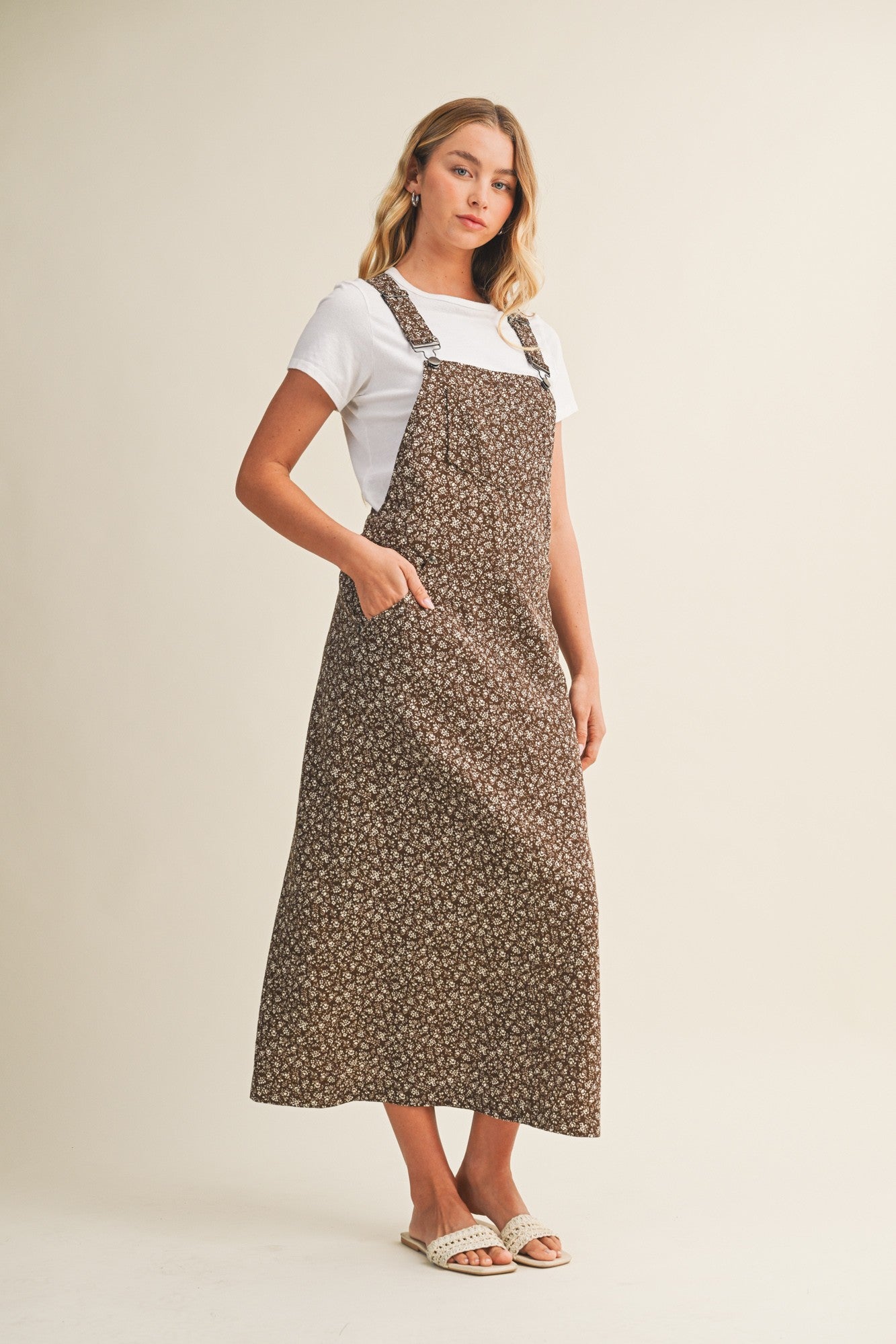 The Mara Floral Overall Dress in Brown