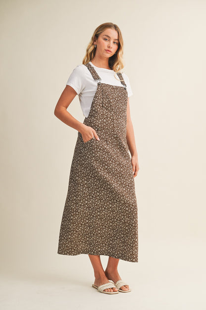 The Mara Floral Overall Dress in Brown