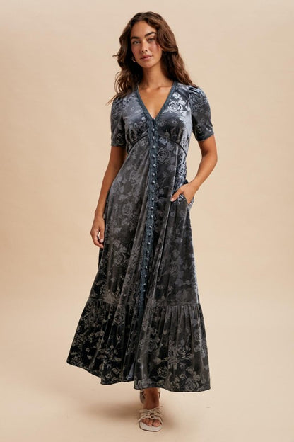 The Harlow Embossed Velvet Button Down Dress