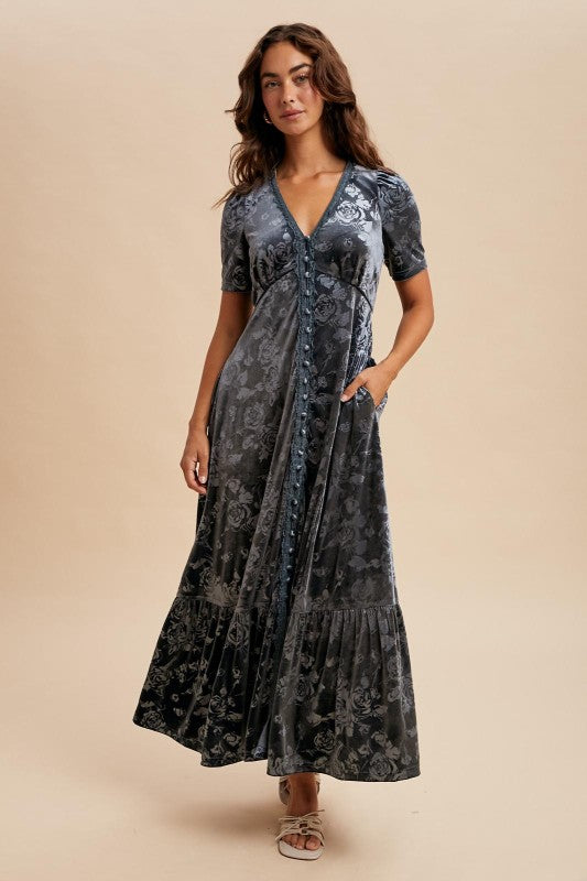 The Harlow Embossed Velvet Button Down Dress