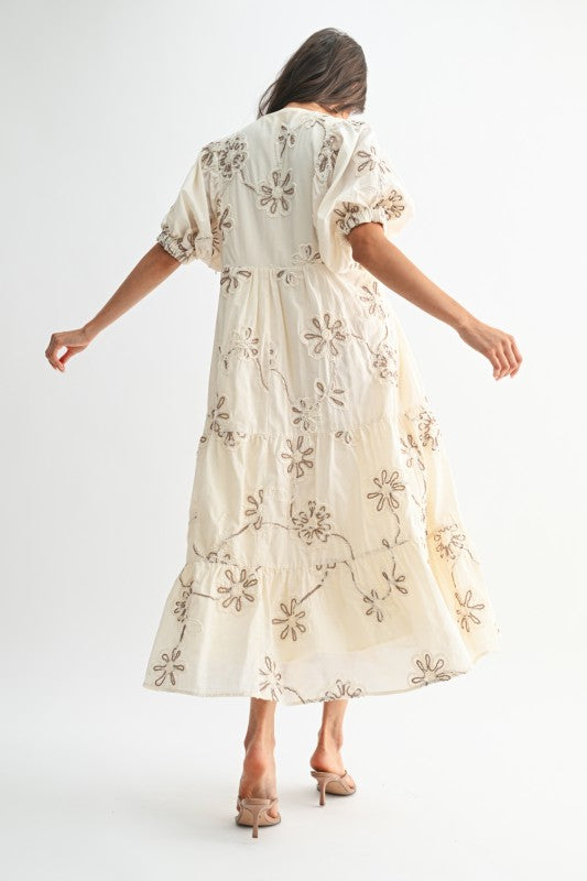 The Katarine Floral Embroidered Dress in Cream + Mocha