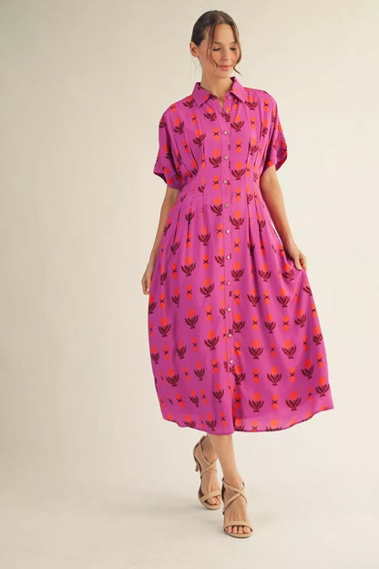 The Amara Patterned Button-Up Dress in Magenta