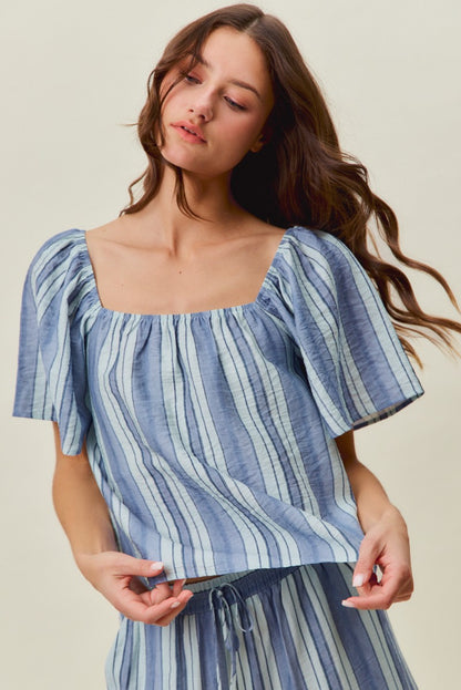A women's lightweight square-neck blouse featuring vertical stripes in blue tones with loose flutter sleeves and a relaxed fit.