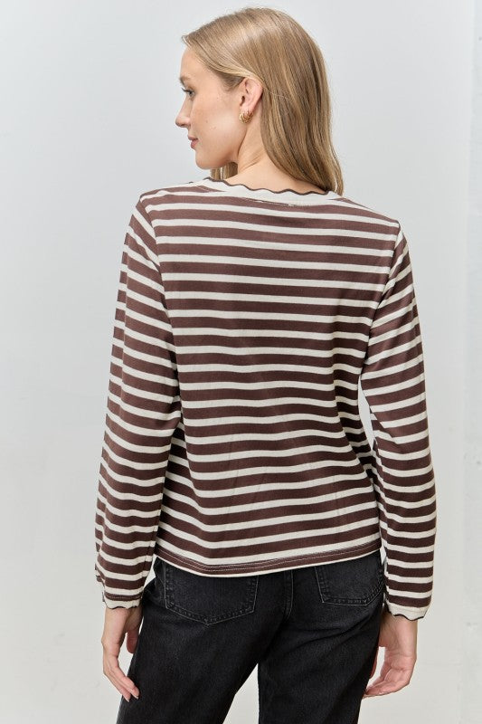 The Rhea Long Sleeve Top in Brown Stripe