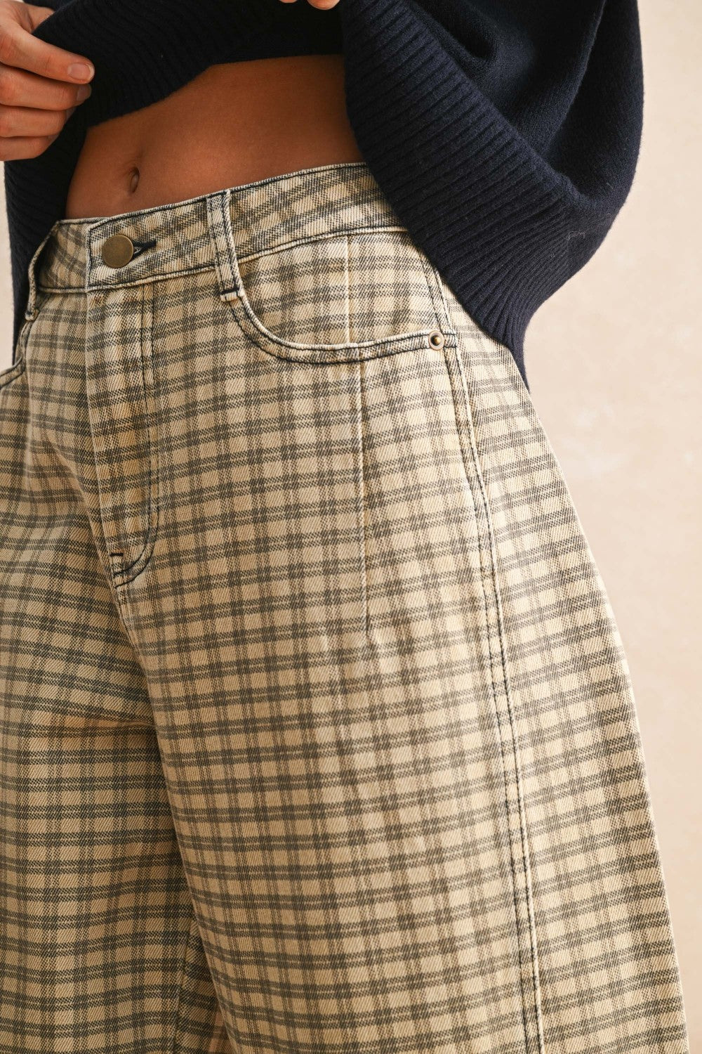The Jude Checkered Barrel Pant in Tan + Brown