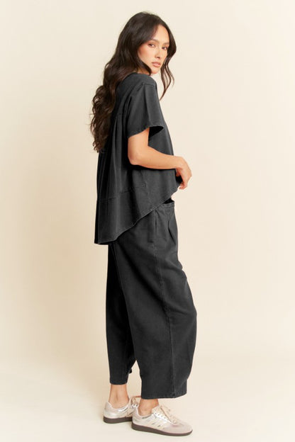 The Dete Washed Short Sleeve + Pleated Pant Set in Black