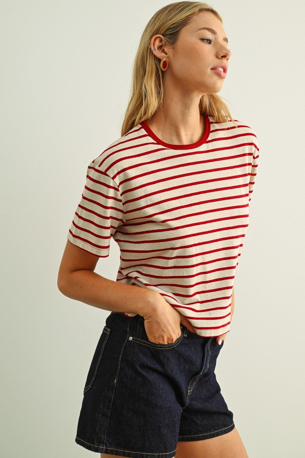 The Azaria Striped Cropped Tee in Red + Cream