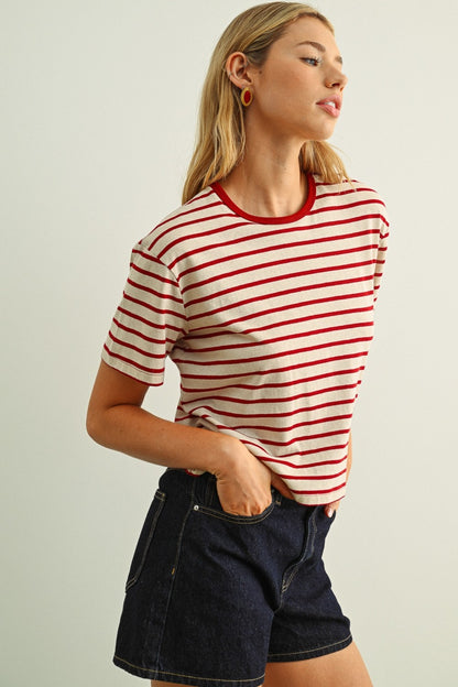 The Azaria Striped Cropped Tee in Red + Cream