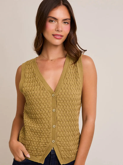 A women's sleeveless olive green button-front vest knit top featuring an intricate textured basketweave pattern, a modest V-neckline, and ribbed trim along the split hem.